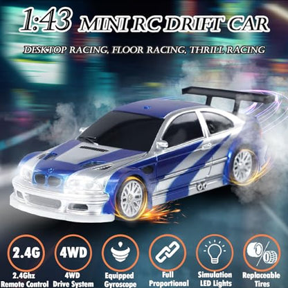 1/43 Mini RC Drift Car with Gyroscope, 2.4GHz 4WD Full Proportional High Speed Micro Hobby RC Cars with Lights Racing Tires, Fast Small Remote Control Car, Toy Model Gift for Adults Kids Boys Girls - color: Blue-g