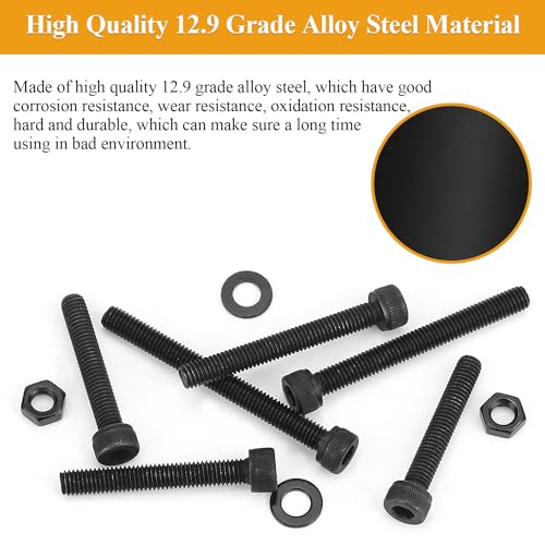 M5 Black Screws, Nuts & Washers Set - 95 Pieces, 12.9 Grade Alloy Steel, Fully Threaded, 30/35/40/45/50mm Hex Socket Head Cap Screws - size: M5 x 30-50mm, style: Socket Head