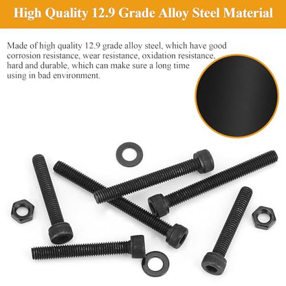 M5 Black Screws, Nuts & Washers Set - 95 Pieces, 12.9 Grade Alloy Steel, Fully Threaded, 30/35/40/45/50mm Hex Socket Head Cap Screws - size: M5 x 30-50mm, style: Socket Head