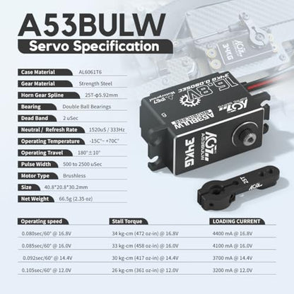 AGFRC A53BULW 34KG 16.8V Waterproof Low-Profile RC Servo | 0.08Sec Speed, 16.8V Direct Power, Brushless Motor, Programmable, Full Metal Gears, Fits 1/10 1/8 RC Cars