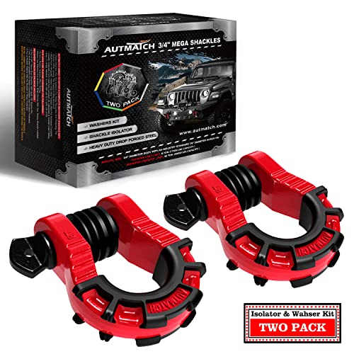 AUTMATCH D Ring Shackles 3/4" Mega Shackle (2 Pack) 68,000Ibs Break Strength - Heavy Duty Clevis Shackle 7/8" Screw Pin & Isolator Washer for Tow Strap Winch Off Road Vehicle Recovery, Red & Black - color: Red & Black