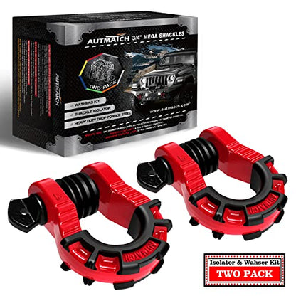 AUTMATCH D Ring Shackles 3/4" Mega Shackle (2 Pack) 68,000Ibs Break Strength - Heavy Duty Clevis Shackle 7/8" Screw Pin & Isolator Washer for Tow Strap Winch Off Road Vehicle Recovery, Red & Black - color: Red & Black
