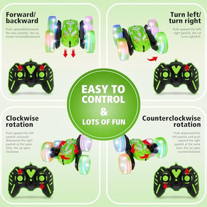 Amicool Remote Control Car for Boy 6-12 with Flashing Light, 6 7 8 9 Years Old Boy Toys, Race RC Cars Stunt Drift 4WD 2.4Ghz Double Sided 360° Flip, Boys Gift Idea for Kids Birthday Christmas, Green - color: Green