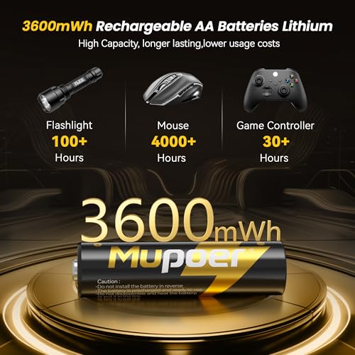 Mupoer Rechargeable AA Lithium Batteries with Charger,16 Count 3600 mWh 1.5V Double A Batteries High Capacity,Long Lasting Rechargeable AA Li-ion Battery with Integrated Charging Storage Box - Gold - size: 3600mWh 16AA