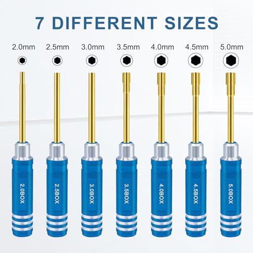 Hex Nut Screwdriver Set 2.0mm 2.5mm 3.0mm 3.5mm 4.0mm 4.5mm 5.0mm Hexagonal Head Nut Driver for Axial SCX24 Wheel Fixing 7PCS Screwdrivers for RC Models Car Boat Helicopter - color: Blue