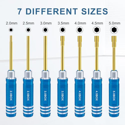 Hex Nut Screwdriver Set 2.0mm 2.5mm 3.0mm 3.5mm 4.0mm 4.5mm 5.0mm Hexagonal Head Nut Driver for Axial SCX24 Wheel Fixing 7PCS Screwdrivers for RC Models Car Boat Helicopter - color: Blue