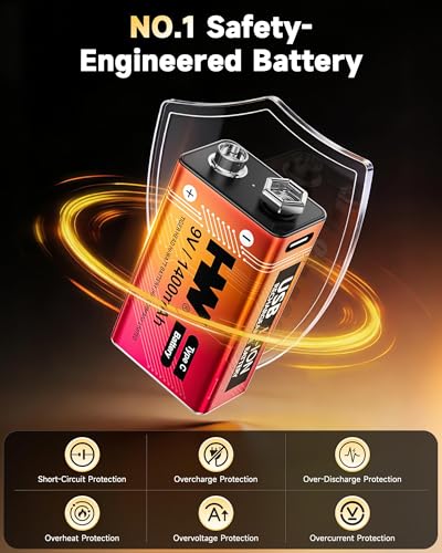 HW 9 Volt Batteries 4 Pack, 1400mAh Rechargeable Lithium Battery 9V with USB C Fast Charging Cable, 1000 Cycles Square Baterias for Smoke Detectors, Fire Alarms, Remote Controls, Clocks and More