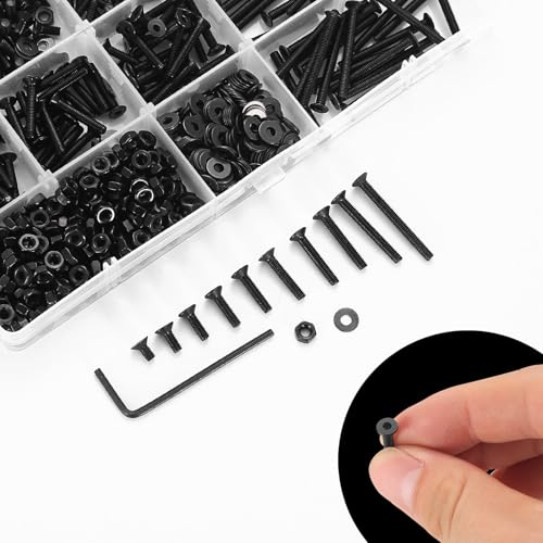 810 Pcs M3 Metric Screw Assortment, Flat Head Machine Screw Assortment Kit, Countersunk Hex Socket Cap Screws Set with Washers, Countersunk Bolts and Nuts Set with Wrench(Black) - size: M3