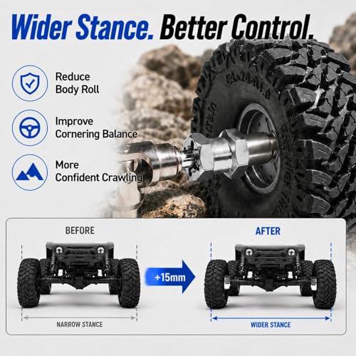 4PCS 12mm Hex Hub 15mm Aluminum Extension Hex for Axial SCX10 D90 90046 | 15mm CNC Wheel Hex Extenders for 1/10 RC Crawlers Redcat Gen7/Gen8 CC01 RC4WD Wider Stance & Tire Clearance with M4 Nuts Pins - color: Sliver