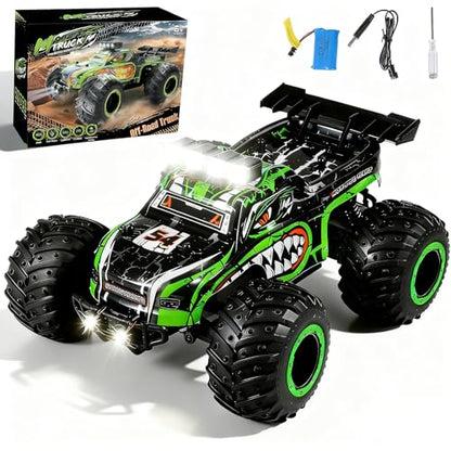 Remote Control Monster Truck for Kids: Off-Road RC Car with Headlights & Body Lights, 1:18, 20 km/h, 2WD, 2.4 GHz, All-Terrain, Rechargeable, High-Speed - Birthday for Boys Ages 4-12