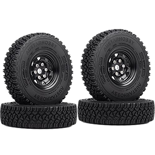 4PCS/Set 1.55 Inch Beadlock Metal Wheel Rim Rubber Tires Compatible with 1/10 RC Crawler Car Axial AX90069 D90 TF2 Tamiya CC01 LC70 (Black) - color: Black