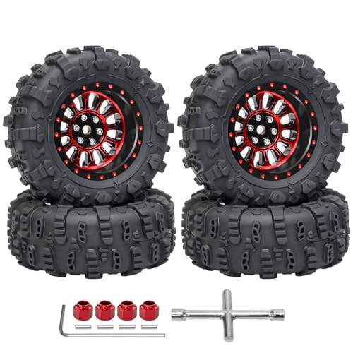 LRFHL 1.3" Beadlock Wheel Tires Aluminum for SCX24 TRX4M, 4PCS, Red | Upgraded 1.45-inch Wheel, 1/24 SCX24 1/18 TRX4M RC Crawler Car Upgrade - color: Black Tires+ Red Wheels-2