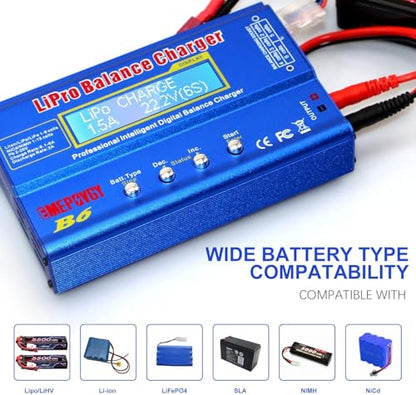 B6 Lipo Battery Balance Charger 80W Discharger for NiMH/NiCd (1-15S) LiPo/Li-ion/Life Battery (1-6S) RC Hobby Batteries Balance Charger with AC Power Supply