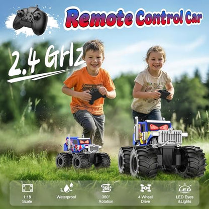 Amphibious Monster Truck Toy for Boy, 1:18 Remote Control Car with LED Eyes | 2.4 GHz Waterproof RC Cars, 360° Rotating, 4WD All Terrain RC Truck, Pool, Land, Outdoor Kids Toys, Boy Birthday Gift Ages 6+ - color: Blue/Yellow