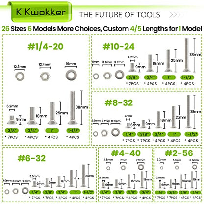 #2-56#4-40#6-32#8-32#10-24#1/4-20 Screws Assortment Phillips Flat Head 569Pcs 26 Size Screws, Nuts and Bolts, w/Lock Washers, K Kwokker 304 Stainless Steel Bolt Assortment Machine Screws - size: C. #2-56#4-40#6-32#8-32#10-24#1/4-20