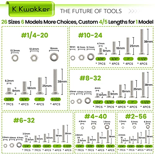 #2-56#4-40#6-32#8-32#10-24#1/4-20 Screws Assortment Phillips Flat Head 569Pcs 26 Size Screws, Nuts and Bolts, w/Lock Washers, K Kwokker 304 Stainless Steel Bolt Assortment Machine Screws - size: C. #2-56#4-40#6-32#8-32#10-24#1/4-20