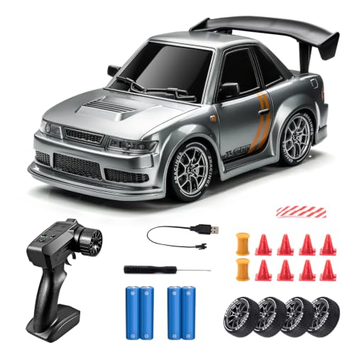 RC Drift Car, 1/24 Remote Control Drift Car for Adults Kids, 4WD 20KM/H High Speed RC Sports Cars with LED Lights, Extra Racing Tires, Vehicle for Boys Beginners Indoor Outdoor, Silver Grey