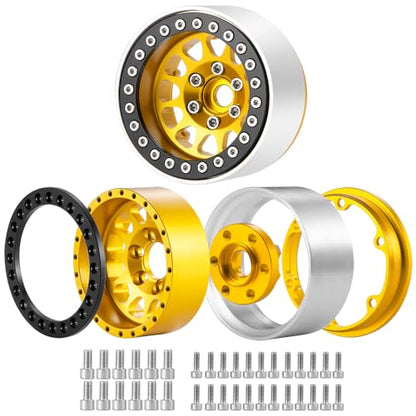 4Pcs RC Wheels 1.9 Aluminum Alloy Beadlock Wheel Rims for 1/10 SCX10 SCX10-II SCX10-III TRX4, TRX4 2021, TRX4 Sport RC Crawler Upgrade Pasrts(Gold + Black)