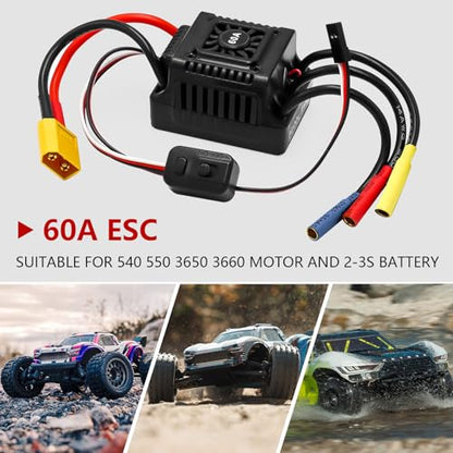 Upgraded 60A Brushless ESC 2-3S Electronic Speed Controller Waterproof ESC for 1/10 Remote Control Car Truck (Black) - color: Black