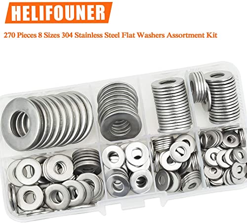 HELIFOUNER 270Pieces 8 Sizes Stainless Steel Flat Washers Assortment Kit, 1/2 3/8 5/16 1/4 12# 10# 8# 6#