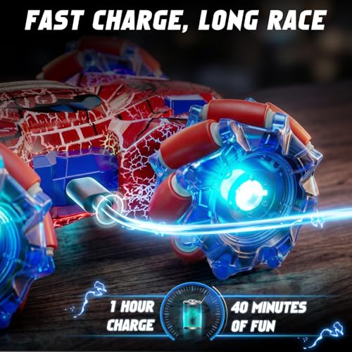 Spider Gesture Sensing Remote Control Car Birthday Gift for Boy 3-12 | Double Sided RC Cars, Full-Body Light, 2.4GHz Hand Controlled, Rechargeable RC Stunt Car - color: Red