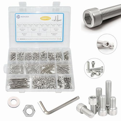 1080 Pcs M3 Screw Assortment, M3*6mm, 8mm, 10mm, 12mm, 14mm, 16mm, 18mm, 20mm, 25mm, 30mm, 35mm, 40mm, 50mm, Stainless Metric Hex Socket Head Cap Screws Nuts and Washers with Wrench - size: Hex Socket Head Cap