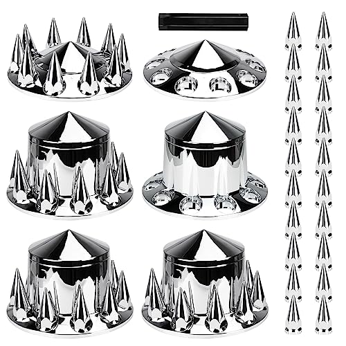 Aeagle Axle Cover Combo Kits for Semi Truck Hubs w/Screw-On 33mm Lug Nut, Spike ABS Plastic Chrome Plated, 2 Front & 4 Rear, 10 Hole Removable Caps, 6Pcs - color: Front & Rear Spiked