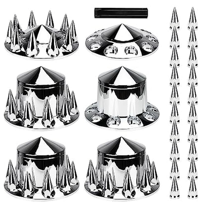 Aeagle Axle Cover Combo Kits for Semi Truck Hubs w/Screw-On 33mm Lug Nut, Spike ABS Plastic Chrome Plated, 2 Front & 4 Rear, 10 Hole Removable Caps, 6Pcs - color: Front & Rear Spiked