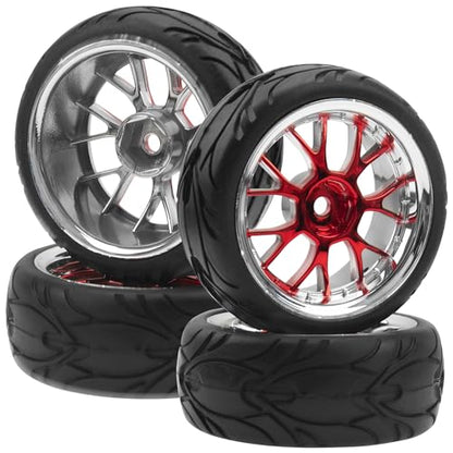 ShareGoo Plastics Wheel Rims w/Rubber Tire RC 12mm Hex Hub Compatible with HSP Tamiya XV01 TT01 Kyosho Traxxas Sakura WLtoys HSP 3Racing 1/10 RC On-Road Racing Touring Car (Red) - color: Red