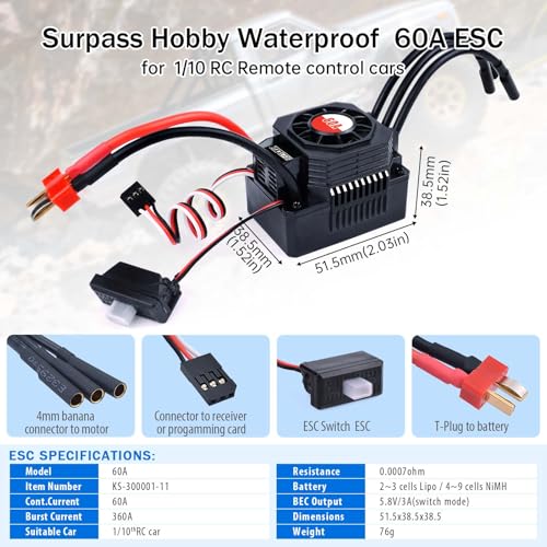 Surpass Hobby 60A Brushless ESC Waterproof Electronic Speed Controller for 1/10 RC Car Truck Off-Road - size: 60A, style: 60A ESC