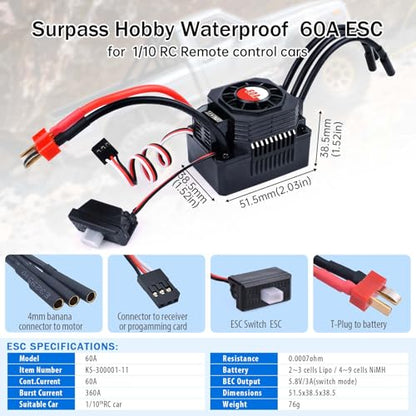 Surpass Hobby 60A Brushless ESC Waterproof Electronic Speed Controller for 1/10 RC Car Truck Off-Road - size: 60A, style: 60A ESC