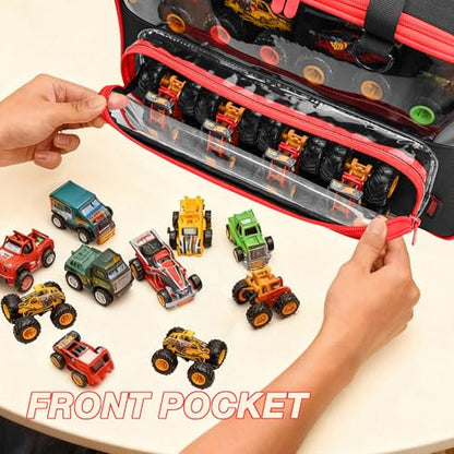 CROTIRAD 1:64 Scale Monster Truck Storage Case, Holds 20+ Die-Cast Vehicles | Carrying Organizer with Removable Dividers, Velvet Lining, Clear PVC Panels, Front Pocket, Shoulder Strap and D-Ring, Black