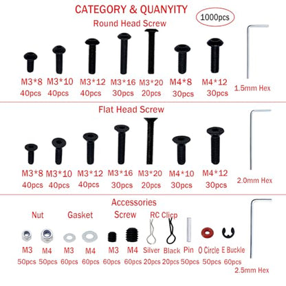 1000pcs Universal RC Screw Kit Screws Assortment Set, Hardware Fasteners for Traxxas Arrma Redcat Axial SCX10 HPI Losi 1/8 1/10 1/12 1/16 Scale RC Cars Trucks Crawler Parts, RC Screws