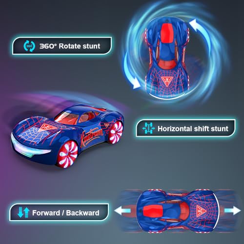 Remote Control Car, 2.4Ghz Spider-Themed 360° Spin, Sideways Movement, Dual Spray, Auto Demo, Adjustable Volume & LED Lights RC Cars for Boys Age 8-12 Gift for Girls Kids Birthday Christmas - color: Blue