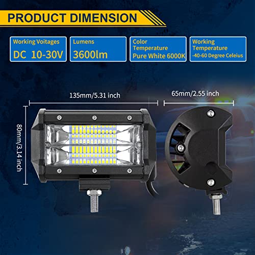 Willpower 2PCS 72W 5 Inch Led Work Light Bar Spot Beam LED Pods Waterproof Triple Row Offroad Driving Lights Fog Work Lamps for Truck Tractor 4x4 Car Boat ATV UTV SUV 4WD - size: 5'' - 72W - Flood