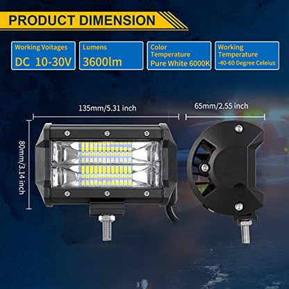 Willpower 2PCS 72W 5 Inch Led Work Light Bar Spot Beam LED Pods Waterproof Triple Row Offroad Driving Lights Fog Work Lamps for Truck Tractor 4x4 Car Boat ATV UTV SUV 4WD - size: 5'' - 72W - Flood