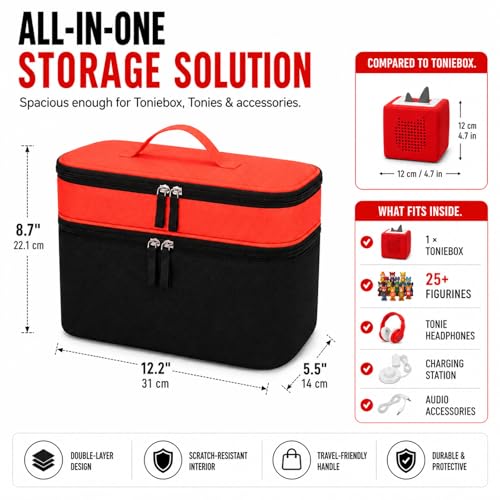 Bevegekos 2-Layer Carrying Case for Toniebox Gen 1 & 2, Holds 25+ Figures | Top tray + deep bottom fit audio box, charging station & headphones; water-resistant 600D shell with EPE foam padding inside - color: Black/Orange