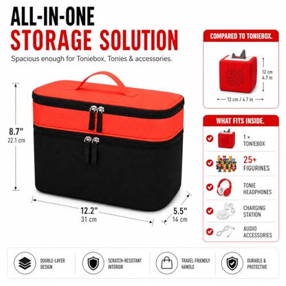 Bevegekos 2-Layer Carrying Case for Toniebox Gen 1 & 2, Holds 25+ Figures | Top tray + deep bottom fit audio box, charging station & headphones; water-resistant 600D shell with EPE foam padding inside - color: Black/Orange