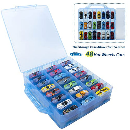 Double Sided Storage Case for 48 Cars, Matchbox Cars, Mini Toys, Small Dolls - Portable Transparent Case (Blue) - color: Blue-48