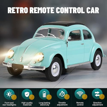 1:16 Beetle 1950 RC Car, 4CH RWD 2.4GHz RC Car with LED Lights | Classic Retro Design with 2 Rechargeable Battery. Rear-wheel Drive for Control. Volkswagen Beetle Toy Car for Hobbyists