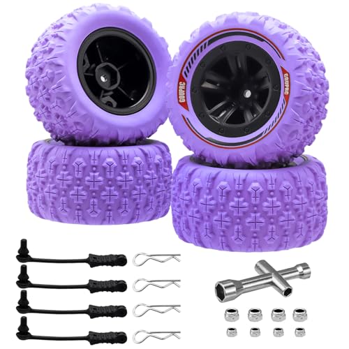 GOUPRC 12mm Hex RC Wheel Tires with Hood Pins Retainer Lock Clip Kit, 3.26 * 1.67 Inches 4PCS Swamp Claw Mud Terrain Tires Accessories for 1/14 1/16 RC Car Crawler Buggy Truck - color: Purple With Retainers
