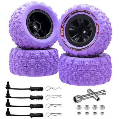 GOUPRC 12mm Hex RC Wheel Tires with Hood Pins Retainer Lock Clip Kit, 3.26 * 1.67 Inches 4PCS Swamp Claw Mud Terrain Tires Accessories for 1/14 1/16 RC Car Crawler Buggy Truck - color: Purple With Retainers