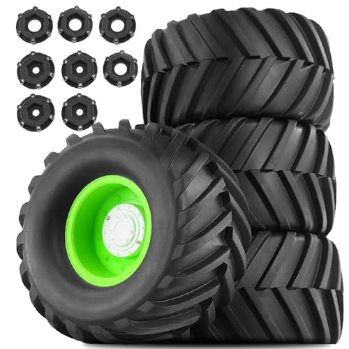 RC Monster Truck Tires and 17mm&14mm Hex Wheels Rims Rubber Buggy Tyres for 1/8&1/7 Scale Off Road Truck Car Kaiju Tmaxx E-Revo 3.3 Arrma Kraton 6S Typhon 3S HPI Redcat Traxxas Maxx (Green) - color: Green