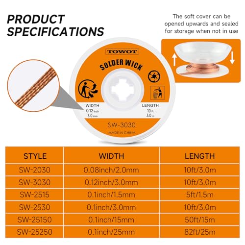 TOWOT Solder Wick Braid 10ft Desoldering Wick Braid Remover Tool With Flux No-Clean Soldering Wick Desolder Soldering 0.1 inch Width - style: W 0.10'' L 9.8'