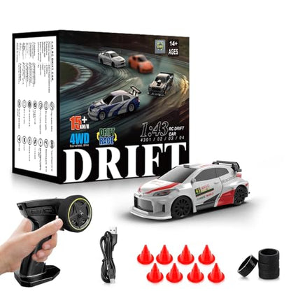 RC Drift car, 1/43 Mini Rc Drift car with Gyroscope, 2.4GHz Full Proportional Remote control Cars, 4WD High Speed Racing with Lights, Racing Tires, Model Cars Gift for Adults, Kids, Boys, Girls - color: White-lr