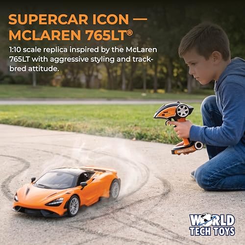 World Tech Toys McLaren 765LT 1:10 RTR Electric RC Car – Officially Licensed McLaren – 2.4GHz Full Function Remote Control with Rechargeable Battery – 16" L x 7.5" W x 4" H – Kids 6+