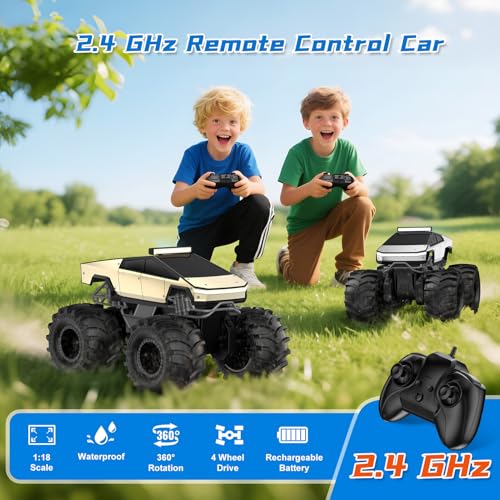 Remote Control Car for Boys, 1:18 Monster Trucks Toys Amphibious RC Cars, 2.4 GHz Waterproof RC Trucks, 4WD All Terrain Off-Road Pickup, Kids Toys for 6-12 Year Old Boys Girls Christmas Birthday Gifts - color: Gold