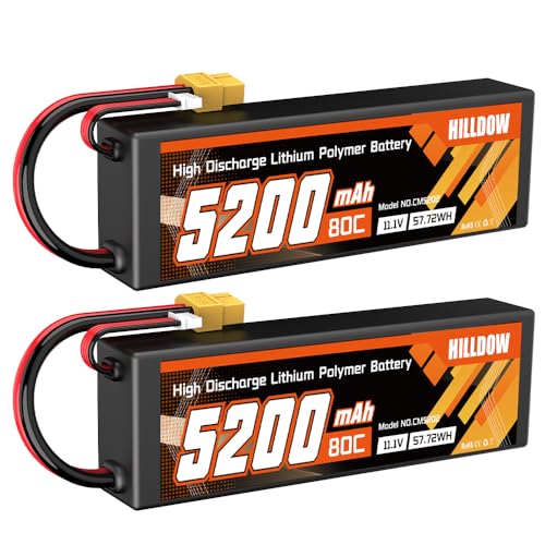 Hilldow 5200mAh 11.1V Lipo Battery 3S 80C 11.1V RC Battery Hard Case with XT60 Connector for RC Vehicles RC Car Trucks (2 Packs) - color: 2PCS