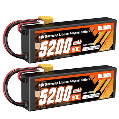 Hilldow 5200mAh 11.1V Lipo Battery 3S 80C 11.1V RC Battery Hard Case with XT60 Connector for RC Vehicles RC Car Trucks (2 Packs) - color: 2PCS