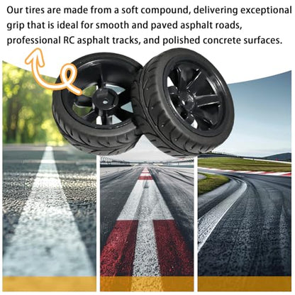 OD 2.55" On Road Rubber Tires Plastic Wheel Rims 12mm Hex for 1/10 RC Car | Compatible with MJX HSP Tamiya HPI Kyosho Traxxas Sakura Redcat WLtoys 1/10 RC On-Road Racing Touring Car (4pcs, Black) - style: B-Black